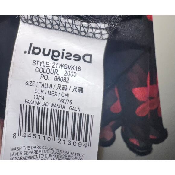 Desigual Girls Dress Size 13/14 Red Daisy Flowers Mesh Black Long Sleeve - Picture 7 of 8